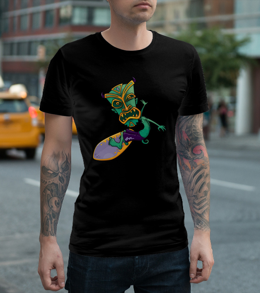 Tiki Surfer Dude Green Monster on Surfboard T-Shirt