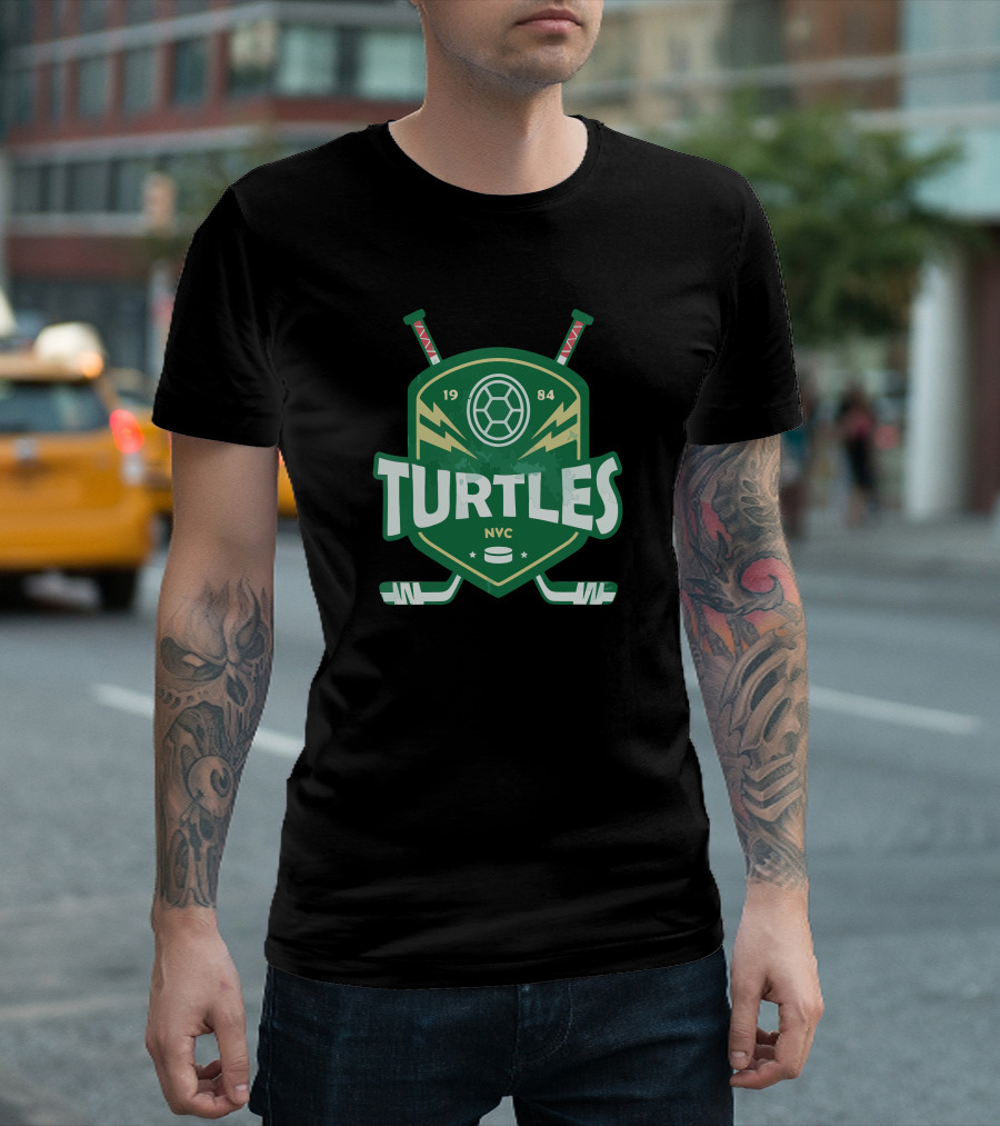 Turtles NYC Hockey 1984 Logo Shield with Hockey Sticks T-Shirt