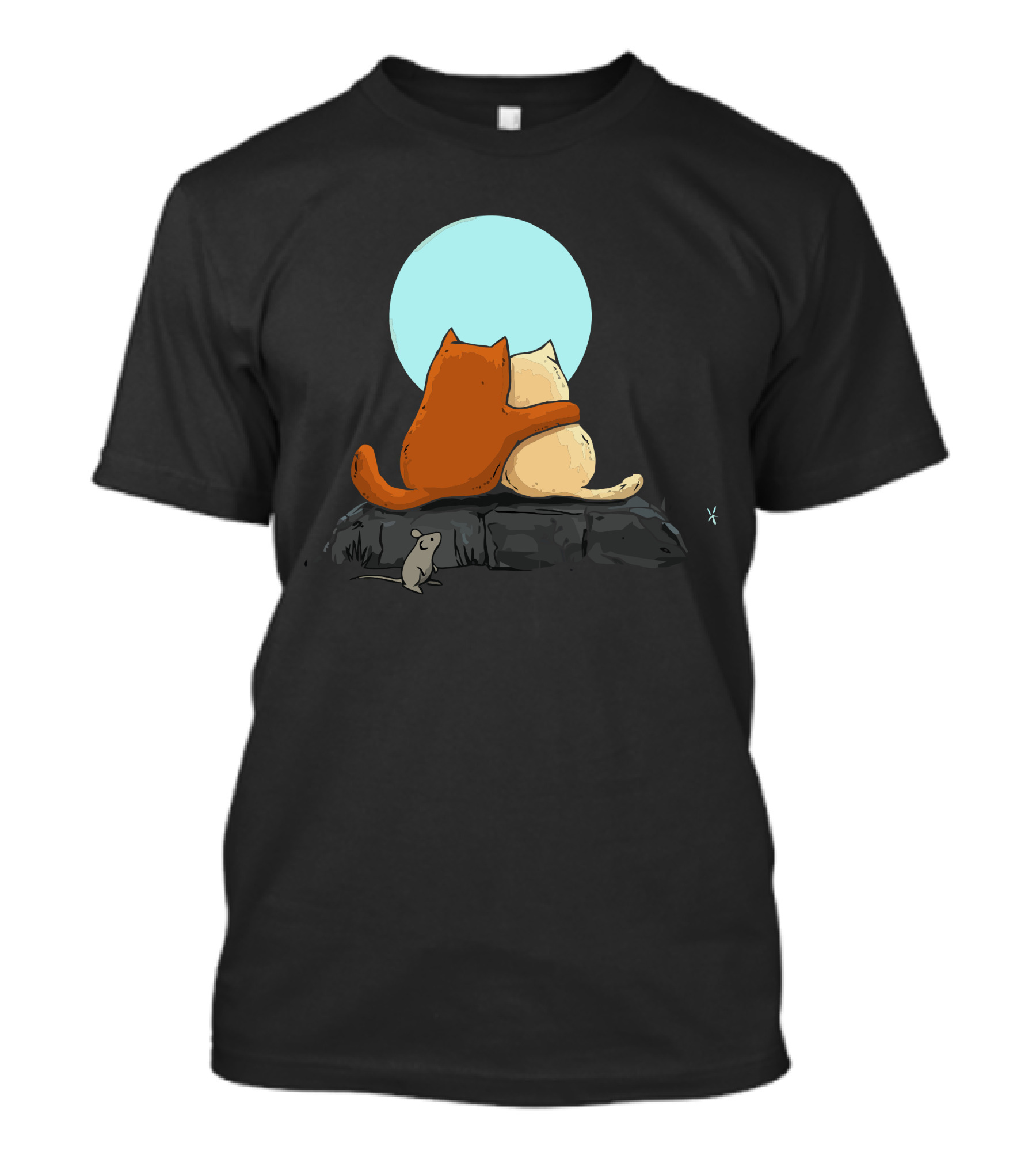 Two Cats Cuddling Under The Moon With Mouse Observing T-Shirt