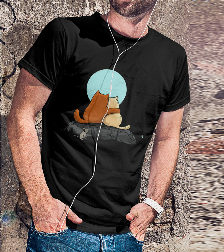 Two Cats Cuddling Under The Moon With Mouse Observing T-Shirt