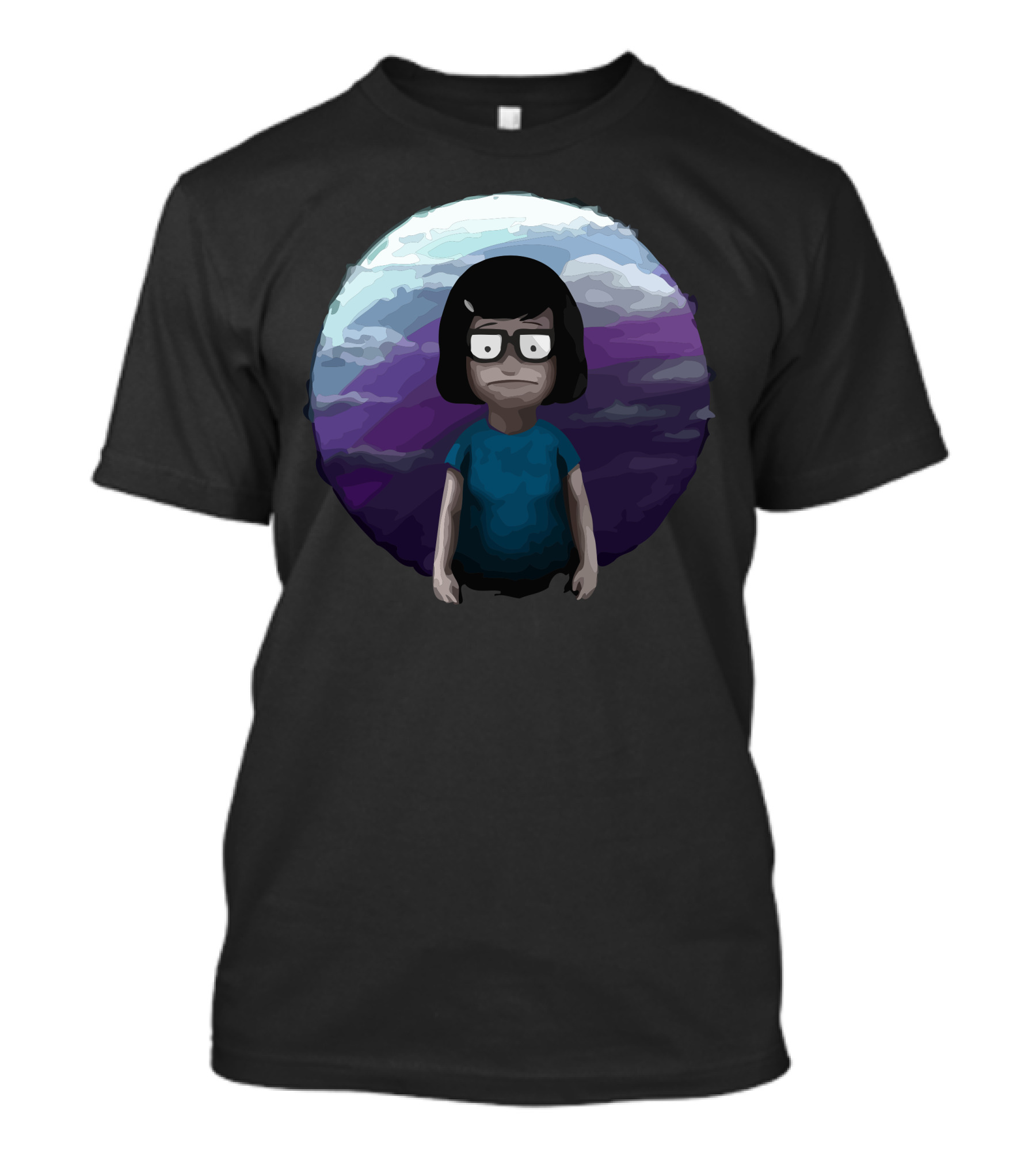 Writer Cartoon Character With Glasses And Dark Hair In Blue In Front Of Purple And Blue Sky T-Shirt