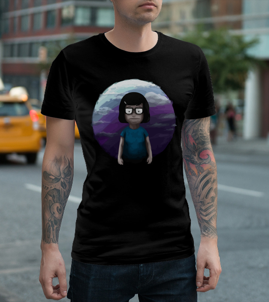 Writer Cartoon Character With Glasses And Dark Hair In Blue In Front Of Purple And Blue Sky T-Shirt