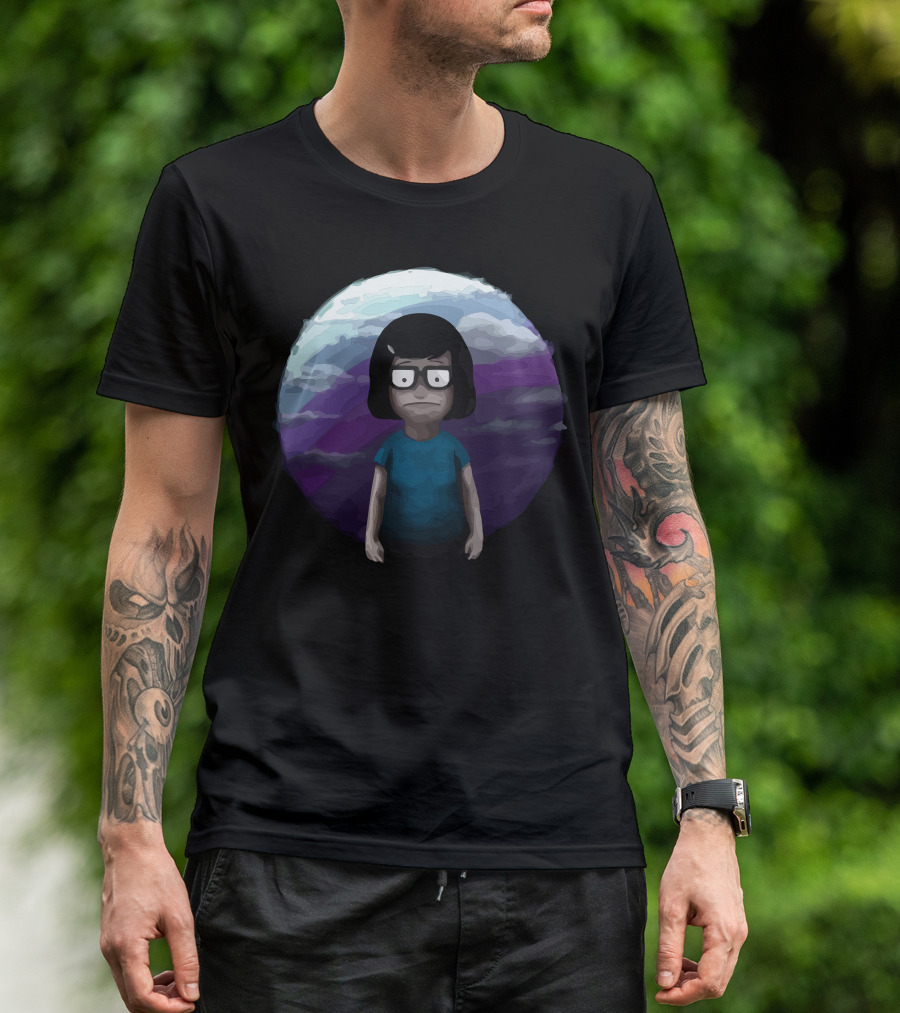 Writer Cartoon Character With Glasses And Dark Hair In Blue In Front Of Purple And Blue Sky T-Shirt
