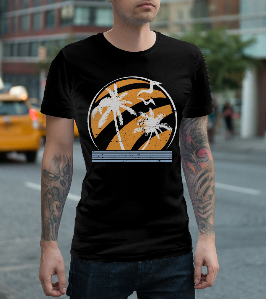 Palm Trees And Seagulls With Orange Stripes T-Shirt