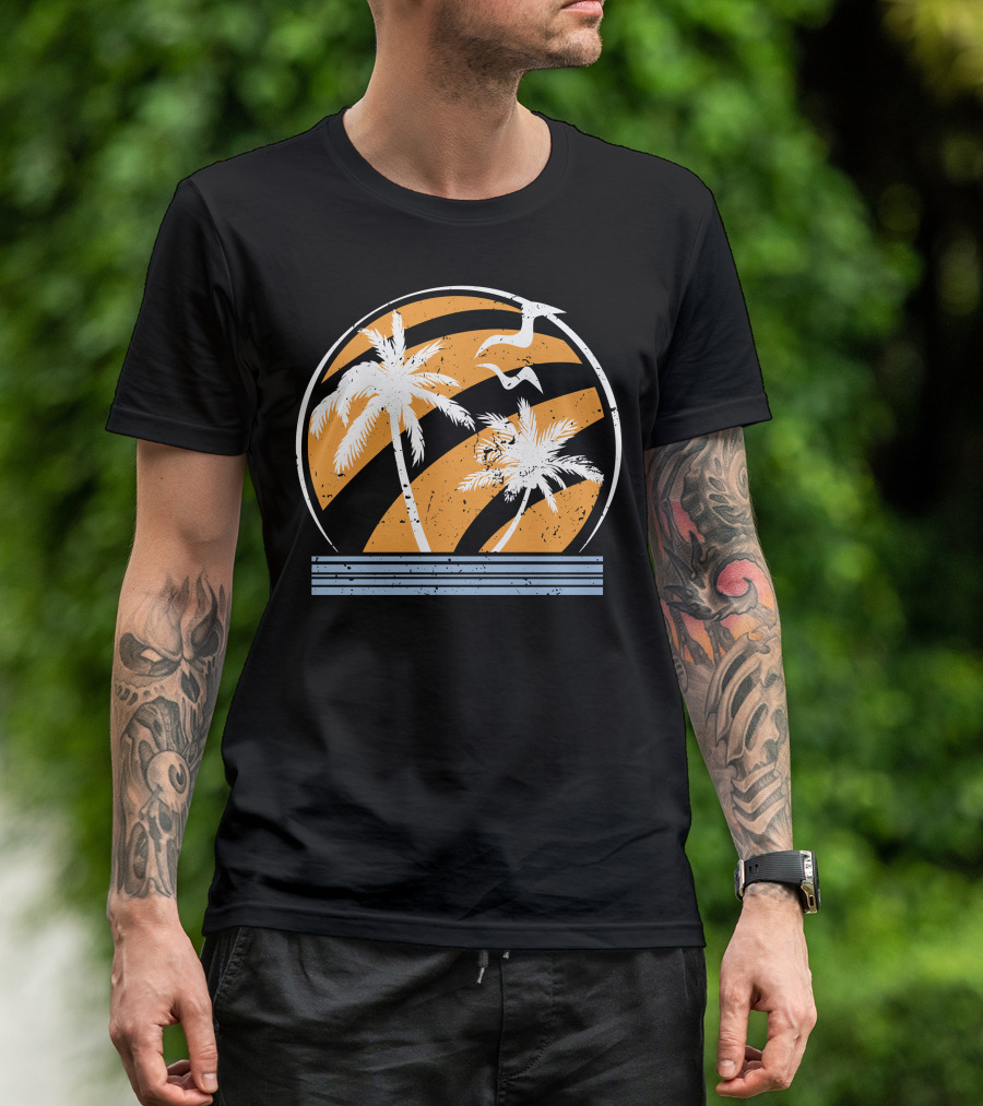 Palm Trees And Seagulls With Orange Stripes T-Shirt
