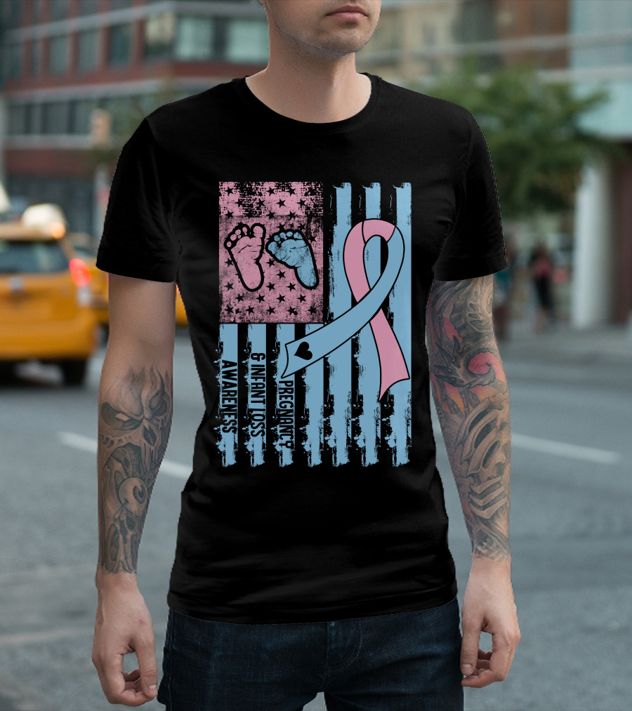 Pregnancy And Infant Loss Awareness Ribbon with American Flag and Baby Footprints T-Shirt
