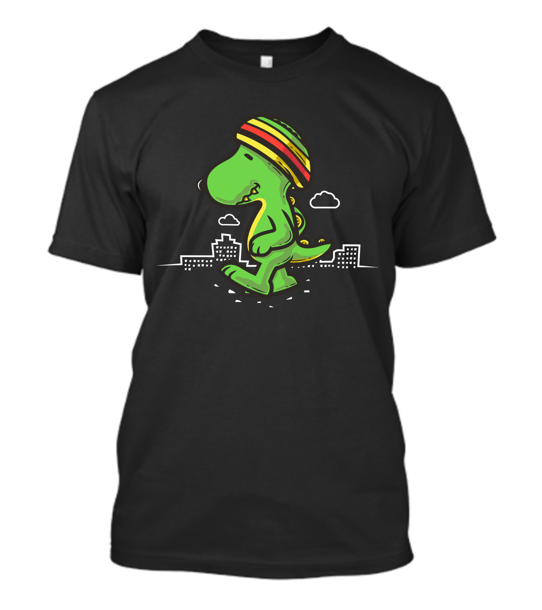 Snoop Jira Dino In Rasta Hat Walking By Cityscape T-Shirt