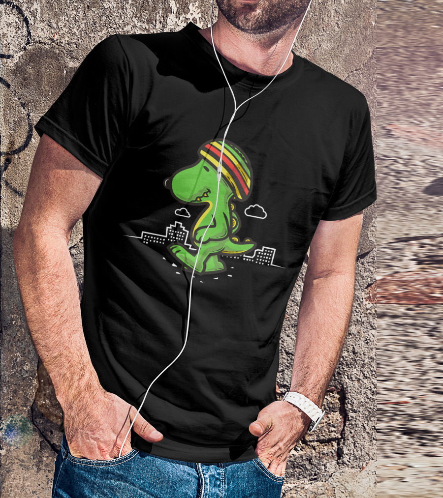 Snoop Jira Dino In Rasta Hat Walking By Cityscape T-Shirt