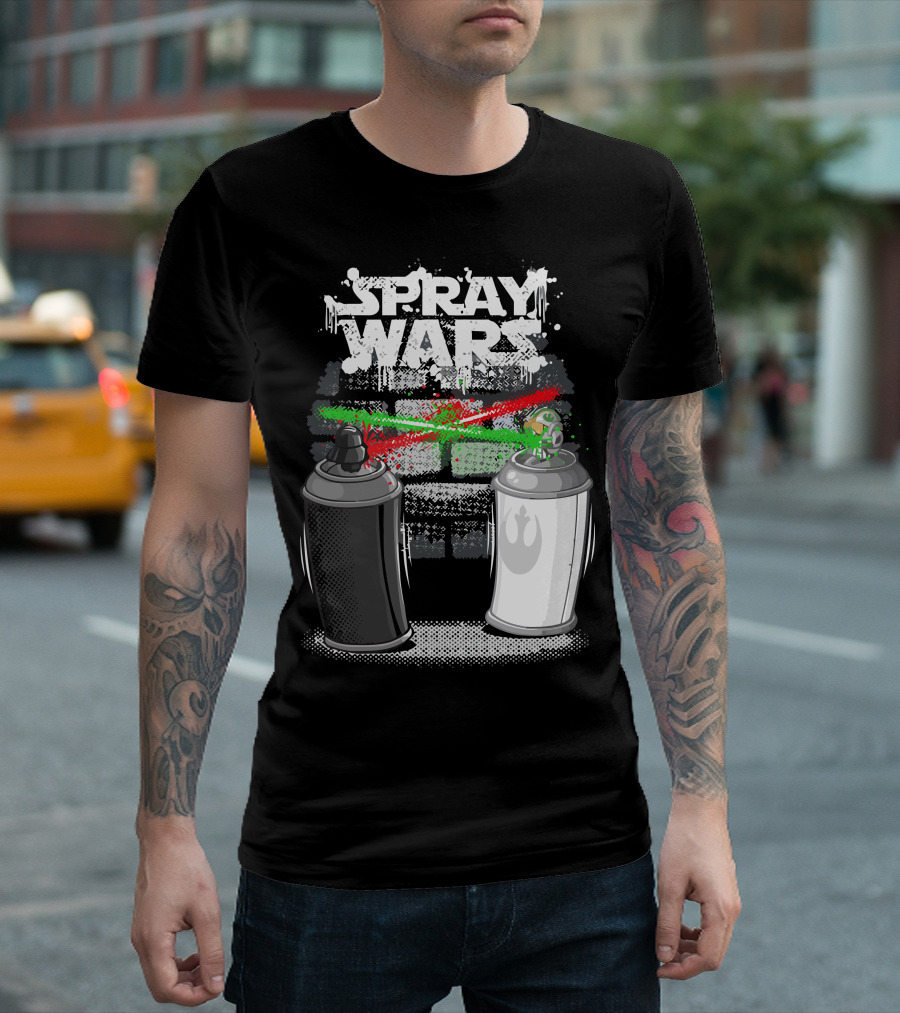 Spray Wars Black And White Aerosol Duel With Galactic Motifs T-Shirt