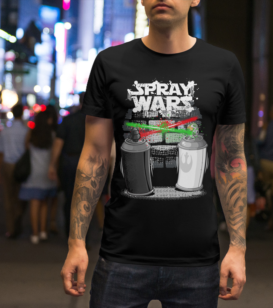 Spray Wars Black And White Aerosol Duel With Galactic Motifs T-Shirt