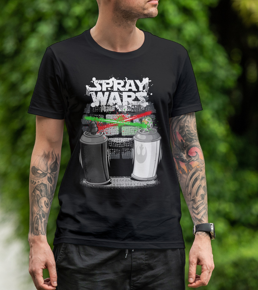 Spray Wars Black And White Aerosol Duel With Galactic Motifs T-Shirt