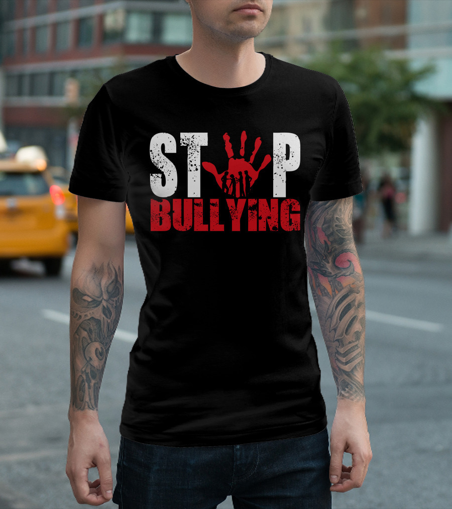 STOP Bullying Red Handprint With Dark Silhouette Figures T-Shirt