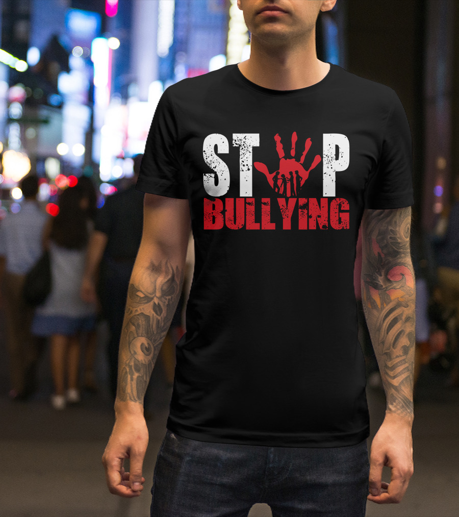 STOP Bullying Red Handprint With Dark Silhouette Figures T-Shirt