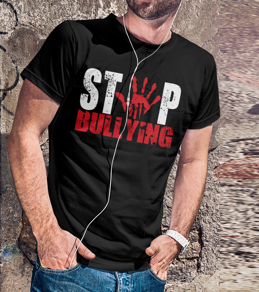 STOP Bullying Red Handprint With Dark Silhouette Figures T-Shirt