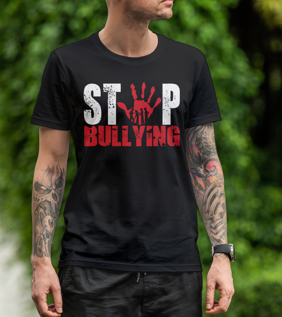 STOP Bullying Red Handprint With Dark Silhouette Figures T-Shirt