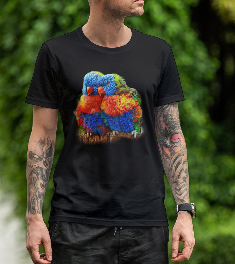 Colorful Rainbow Lori Birds Cuddling Together T-Shirt