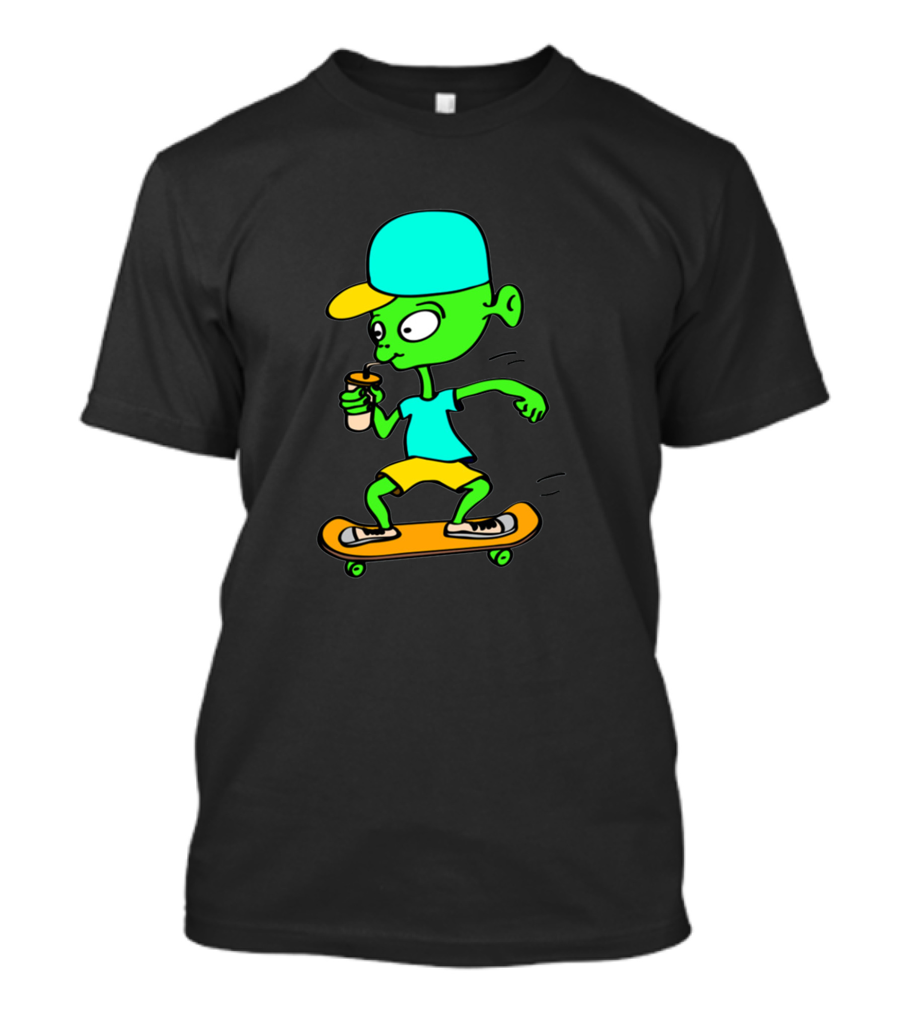 Aliens Skateboarder With Drink Bright Colors T-Shirt