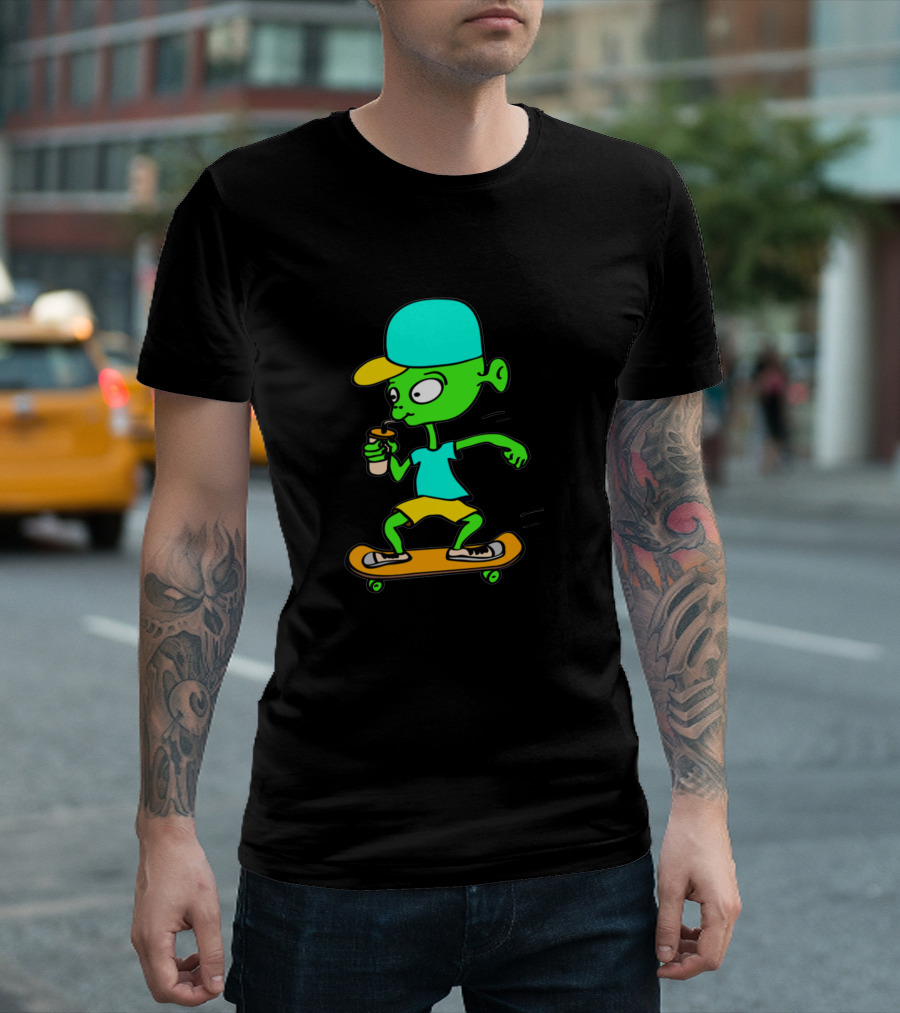Aliens Skateboarder With Drink Bright Colors T-Shirt