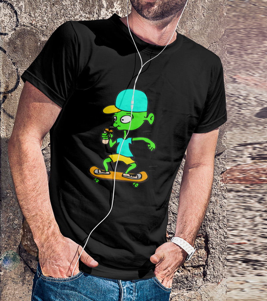 Aliens Skateboarder With Drink Bright Colors T-Shirt