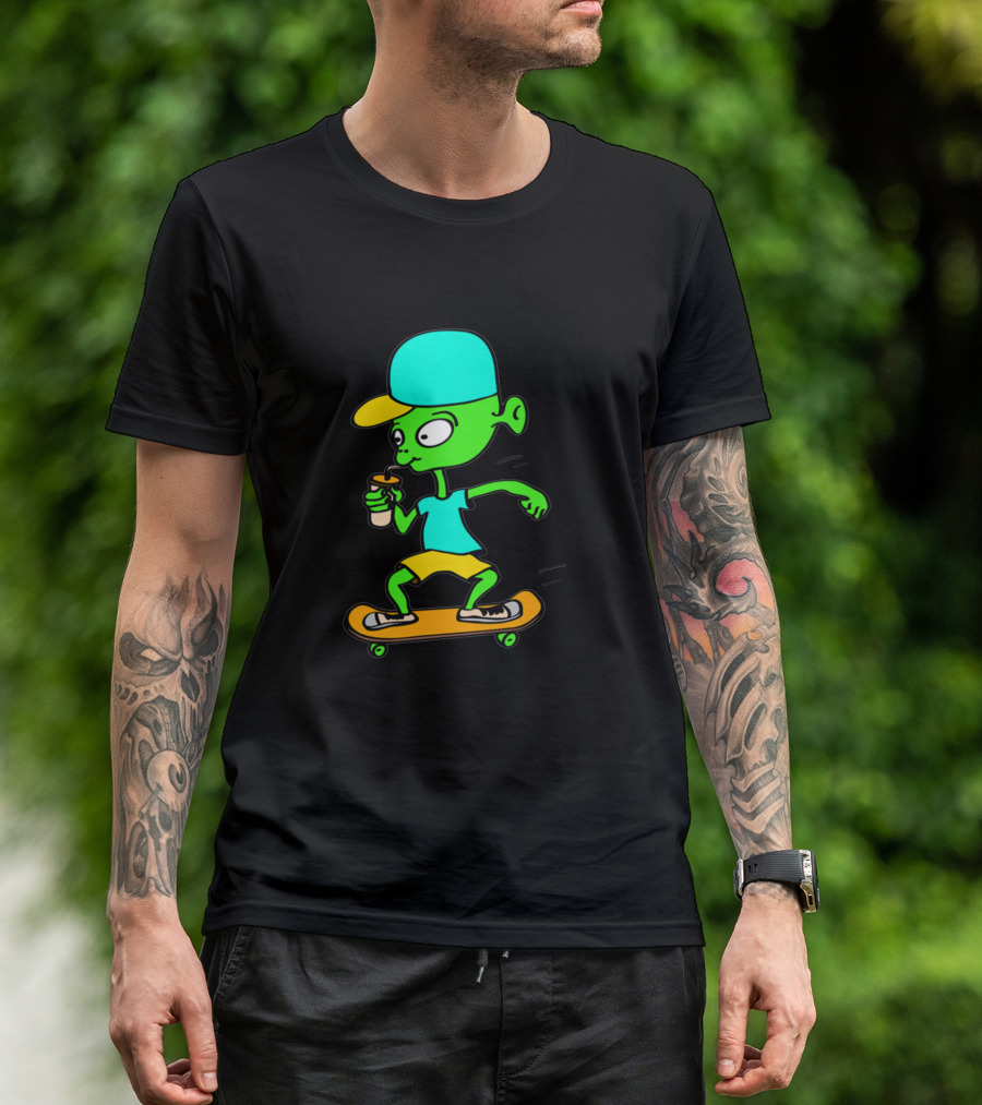 Aliens Skateboarder With Drink Bright Colors T-Shirt