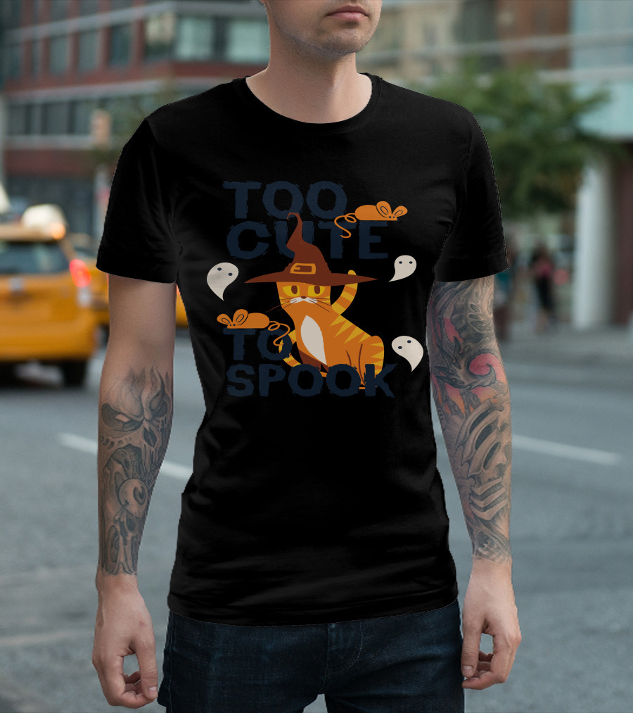 Too Cute To Spook Halloween Cat Witch Hat Mice Ghosts T-Shirt