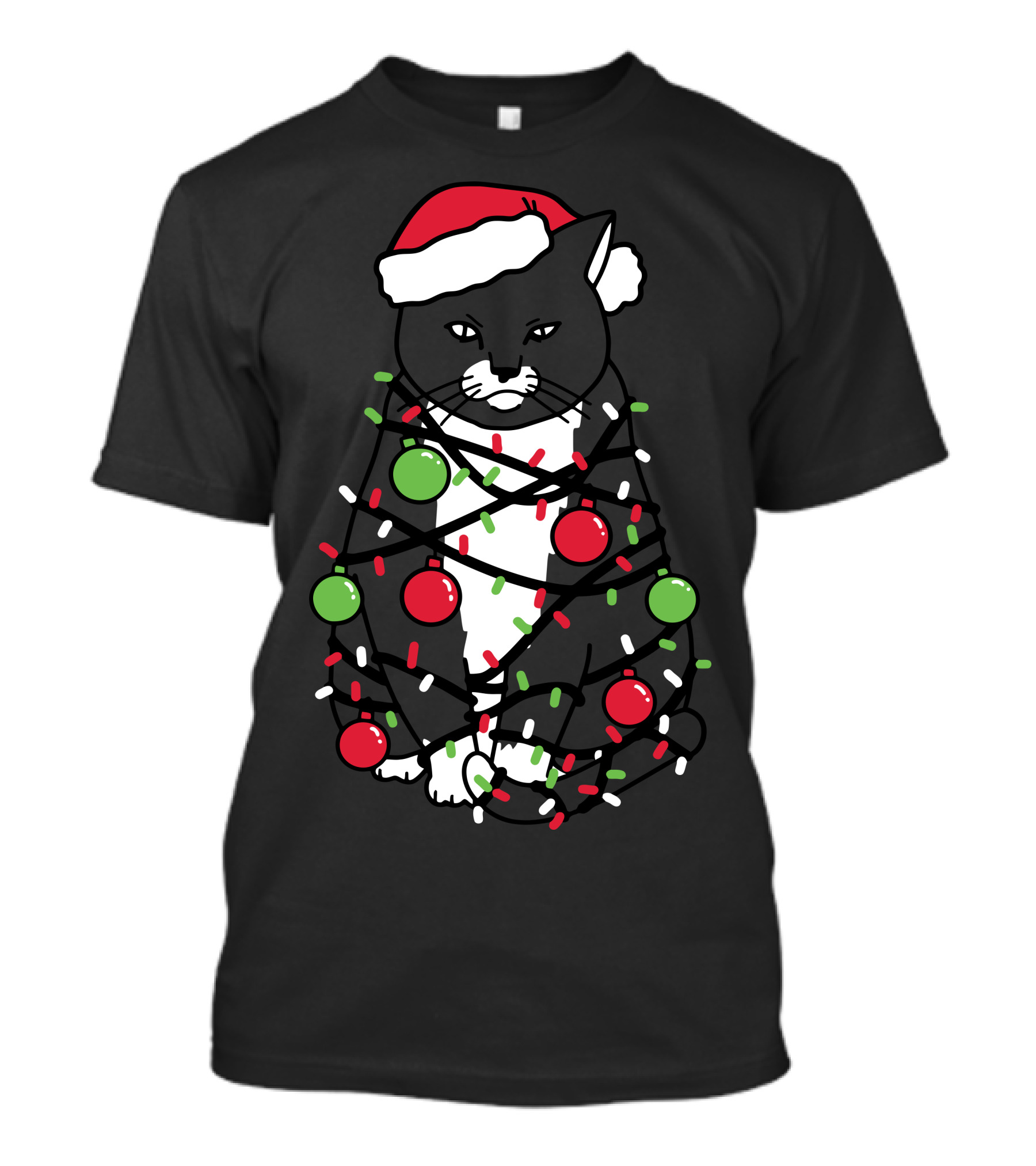 Meowy Christmas Cat Wrapped In Holiday Lights And Santa Hat T-Shirt