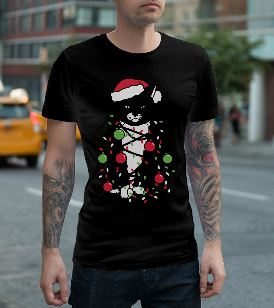 Meowy Christmas Cat Wrapped In Holiday Lights And Santa Hat T-Shirt