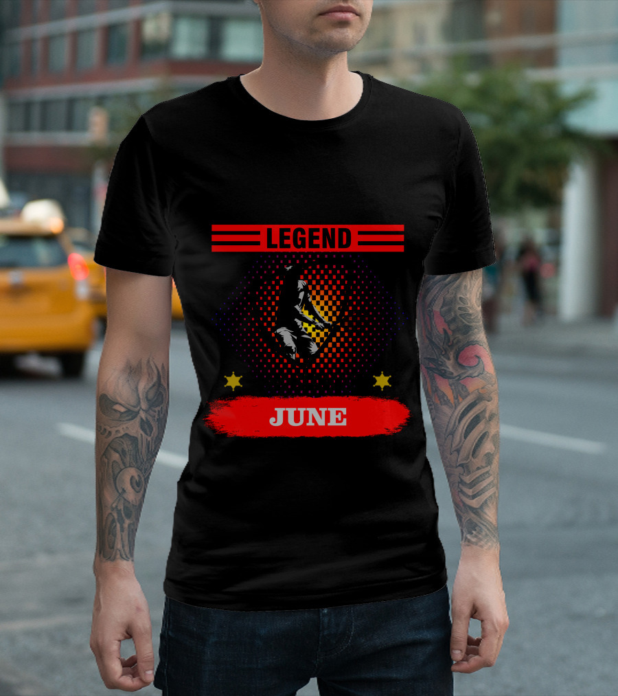 Tennis Legend June Born Stars: Iconic Tennis Player with Shield and Bold Red Highlights T-Shirt