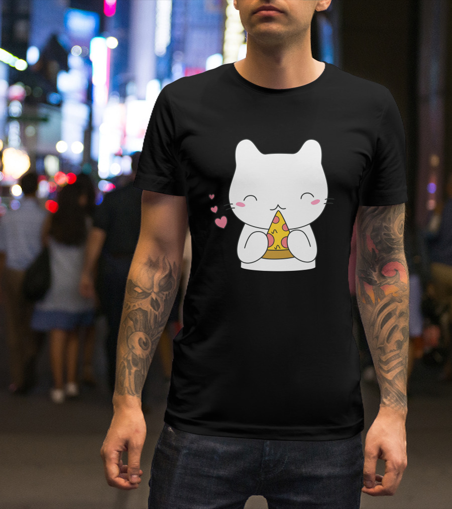 Cat Enjoying Pizza Slice With Hearts T-Shirt