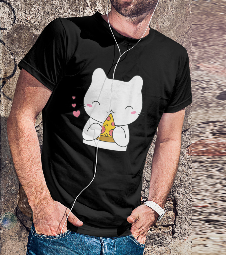 Cat Enjoying Pizza Slice With Hearts T-Shirt