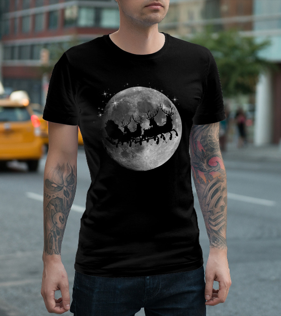 Santa Sleigh Reindeer Silhouette Against Full Christmas Moon T-Shirt
