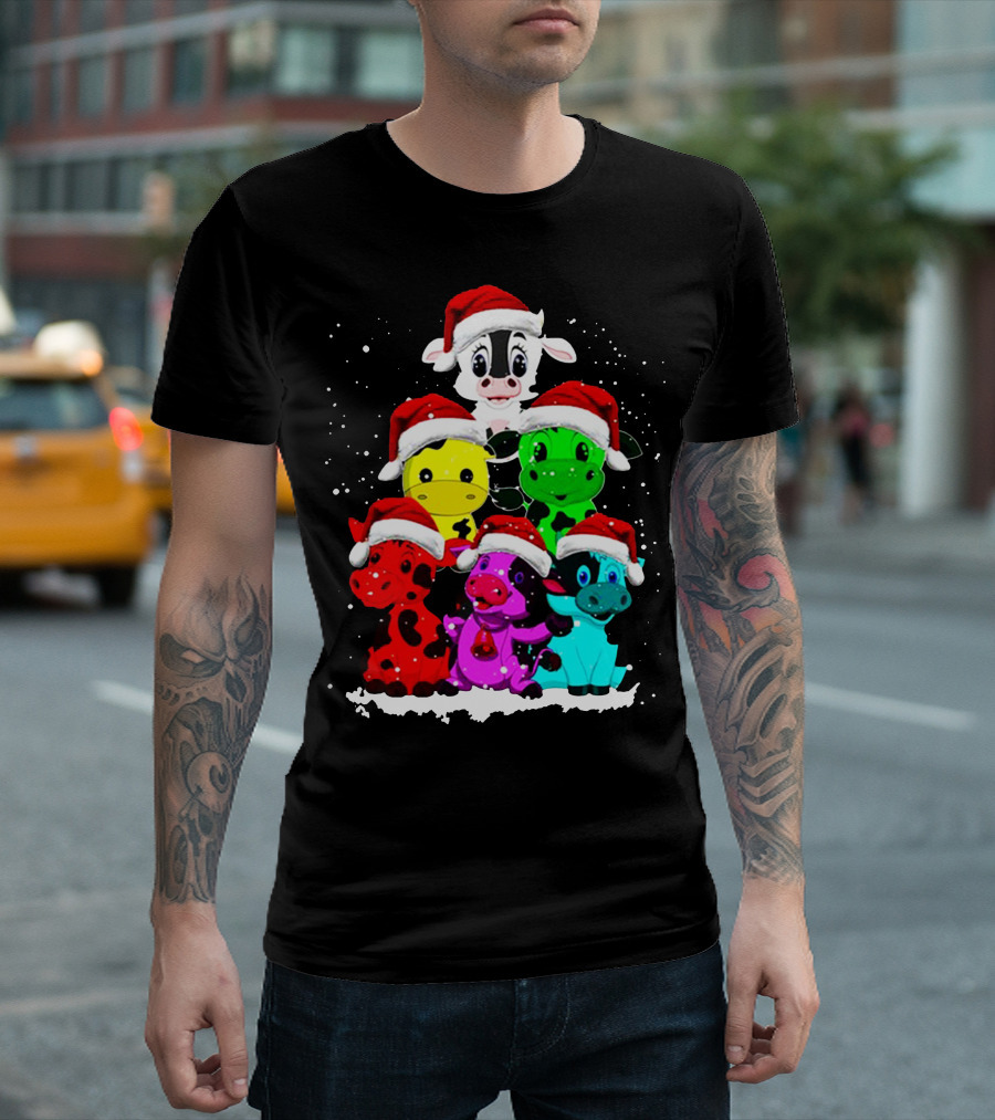 Cow Christmas Santa Hat Stack Multicolor Cows T-Shirt