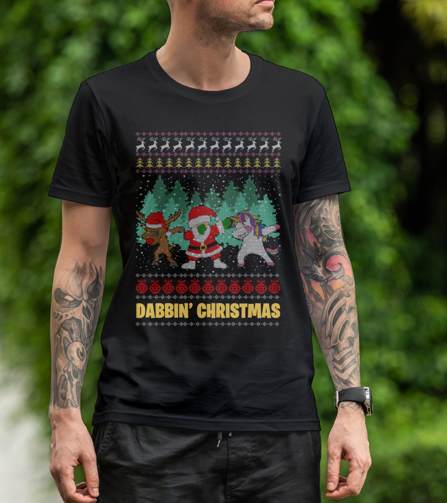 Dabbin' Christmas Ugly Sweater Santa Reindeer Unicorn T-Shirt