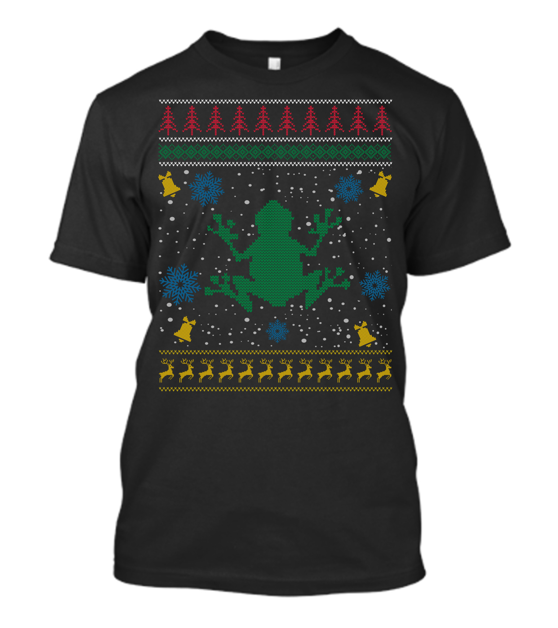 Frog Knitted Festive Ugly Christmas Sweater Style With Reindeer Snowflakes And Bells T-Shirt