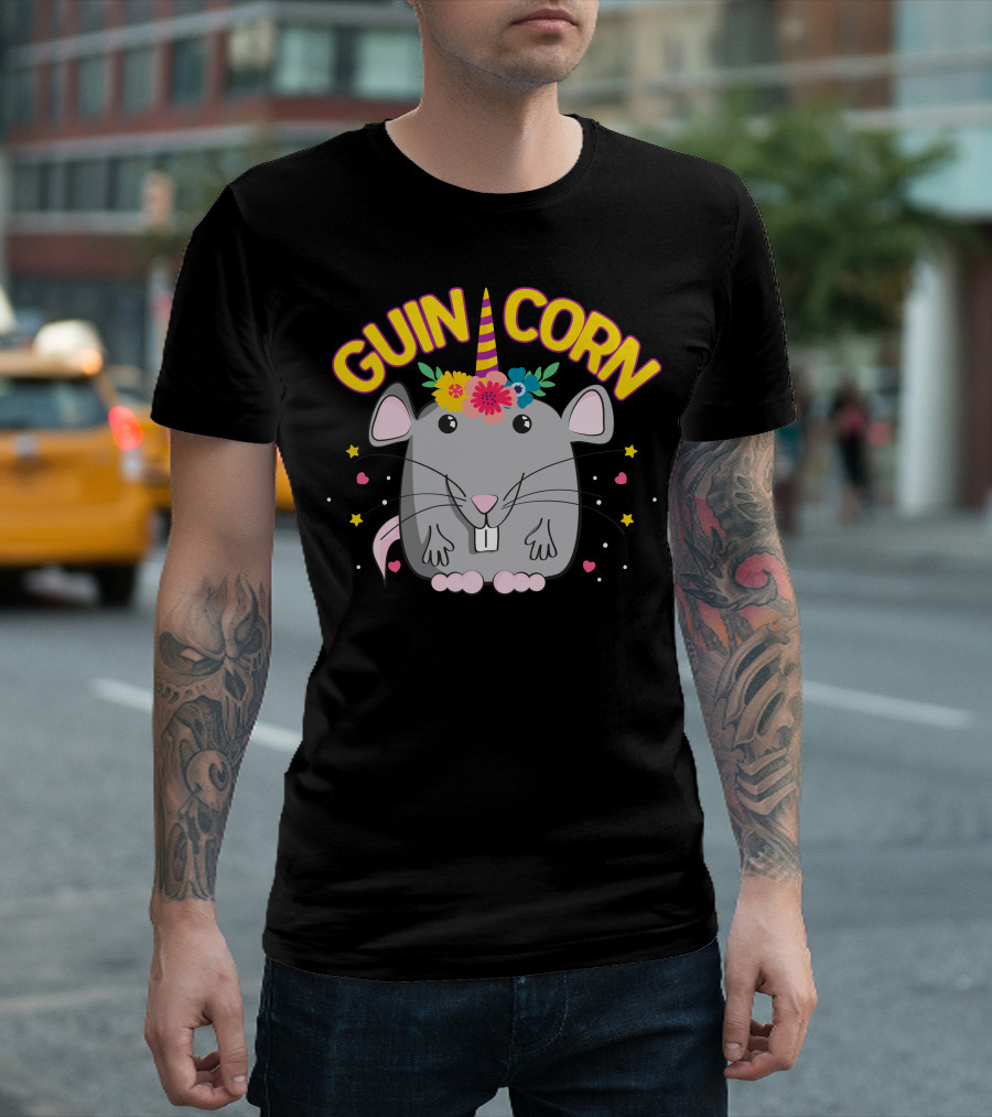 GUINICORN Unicorn Guinea Pig with Horn and Flowers T-Shirt