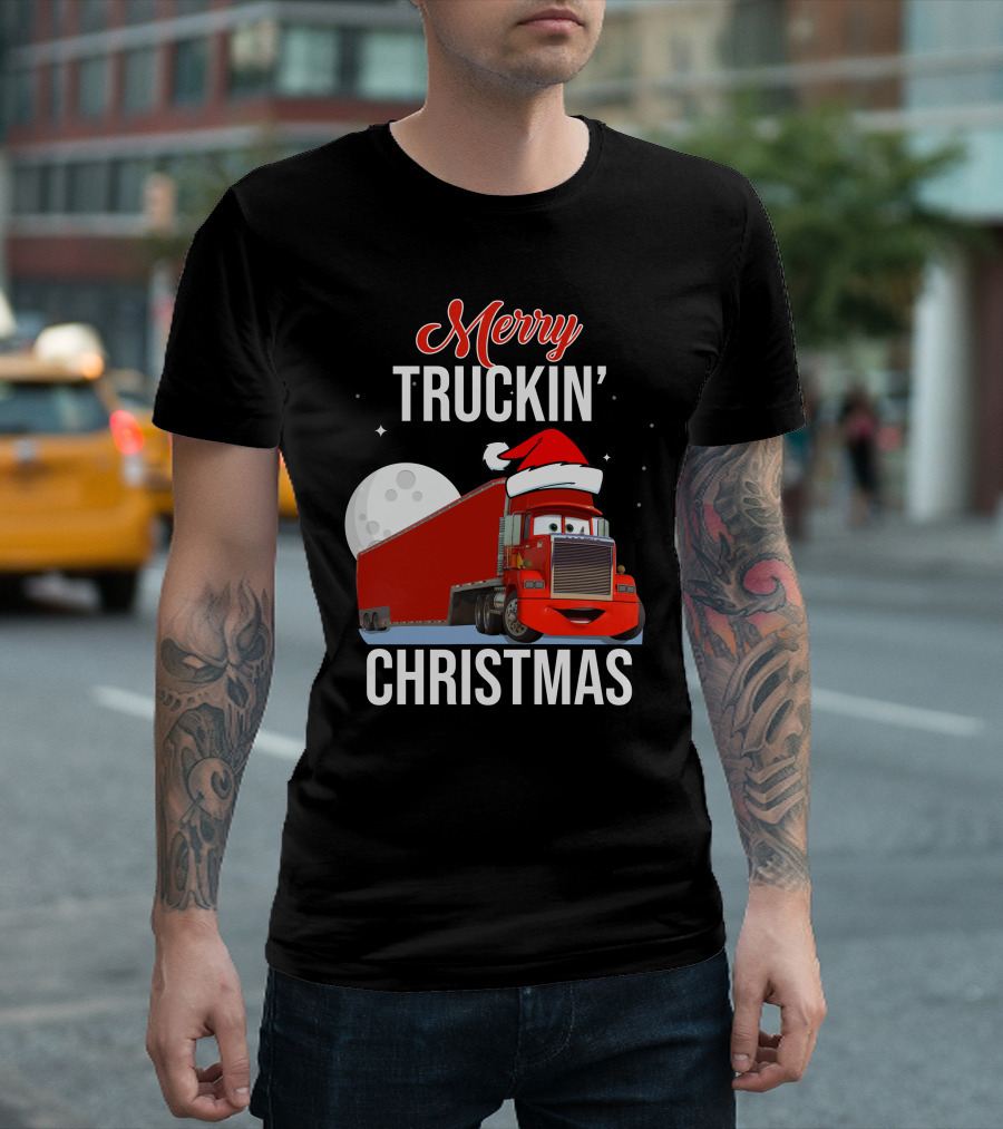 Merry Truckin' Christmas Santa Cartoon Truck Moon T-Shirt