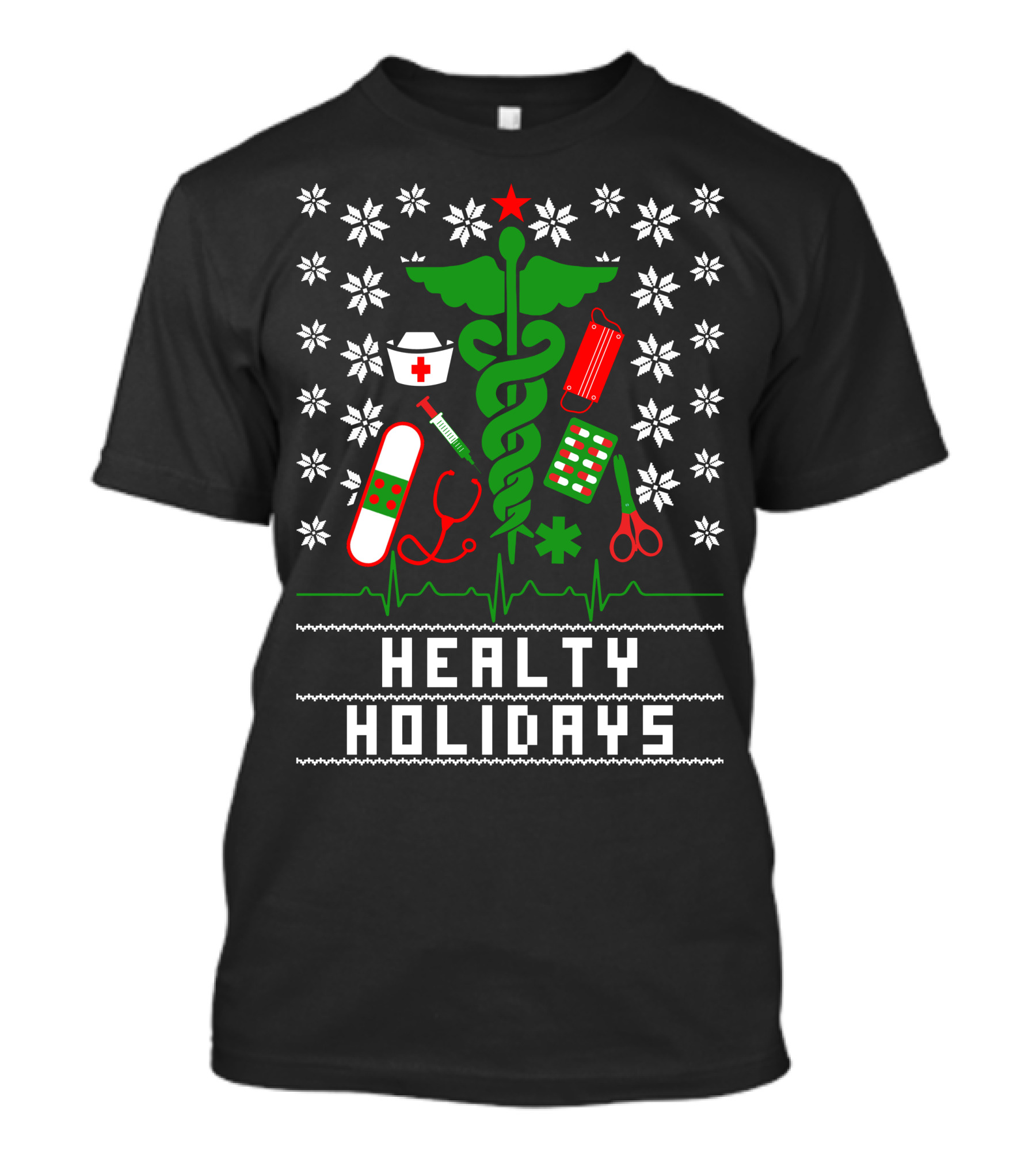 Healty Holidays Nurse Medical Icons Snowflakes Caduceus T-Shirt