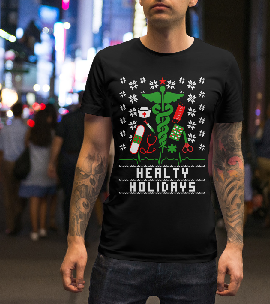 Healty Holidays Nurse Medical Icons Snowflakes Caduceus T-Shirt