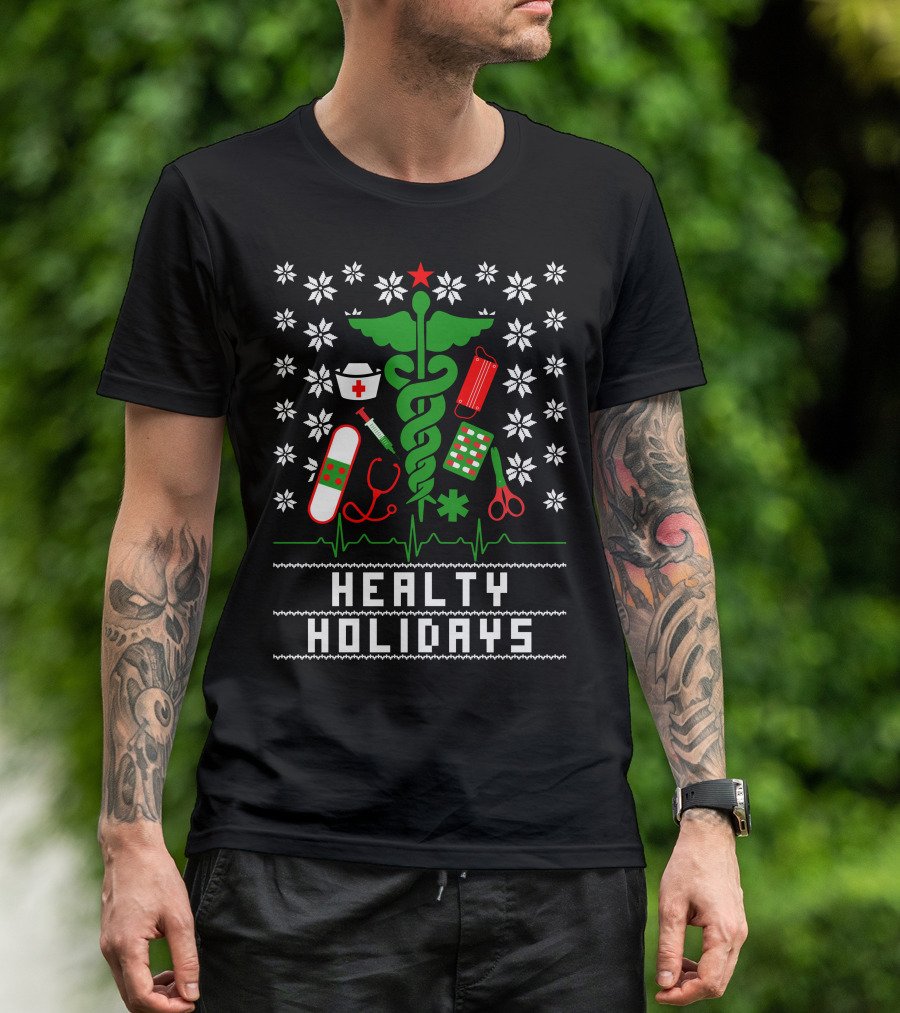 Healty Holidays Nurse Medical Icons Snowflakes Caduceus T-Shirt