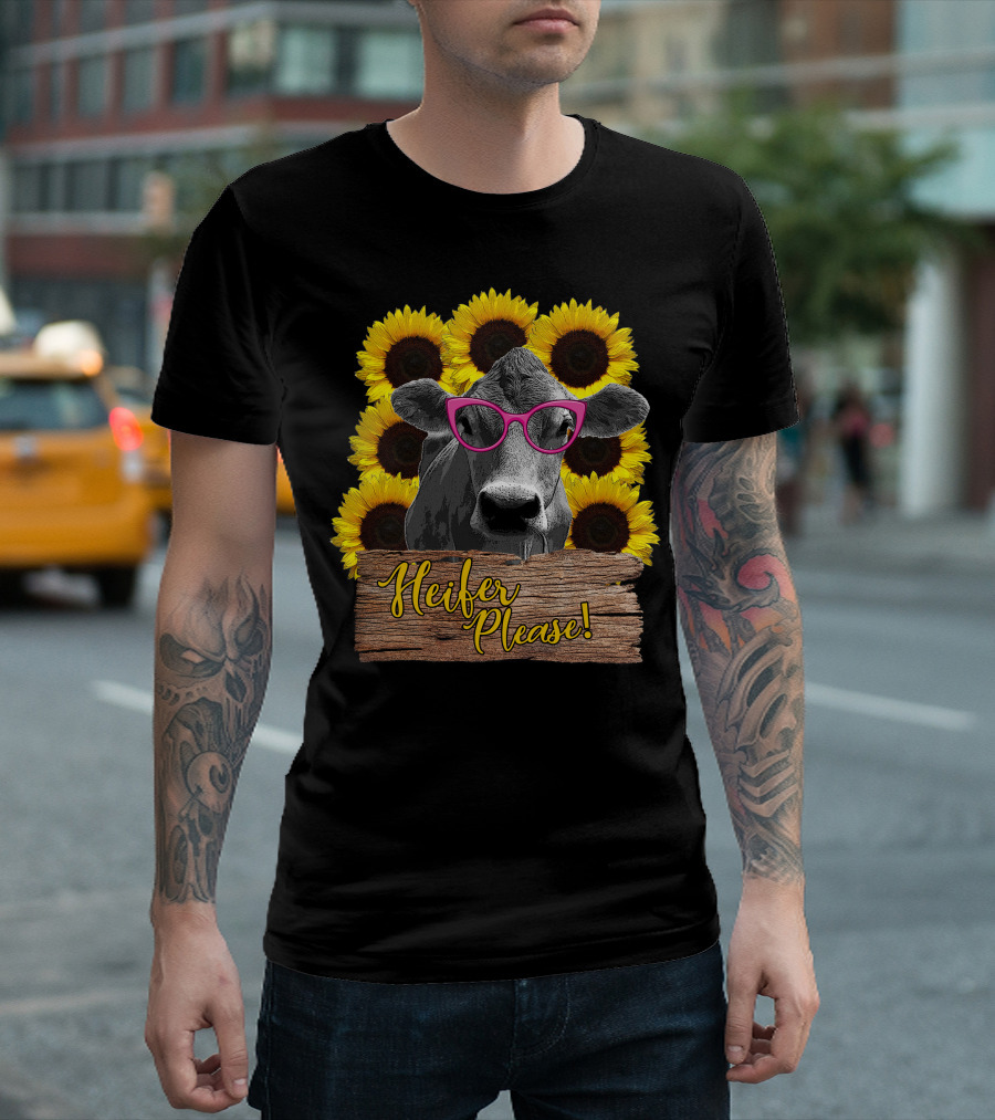 Heifer Please Cow with Pink Glasses and Sunflowers T-Shirt