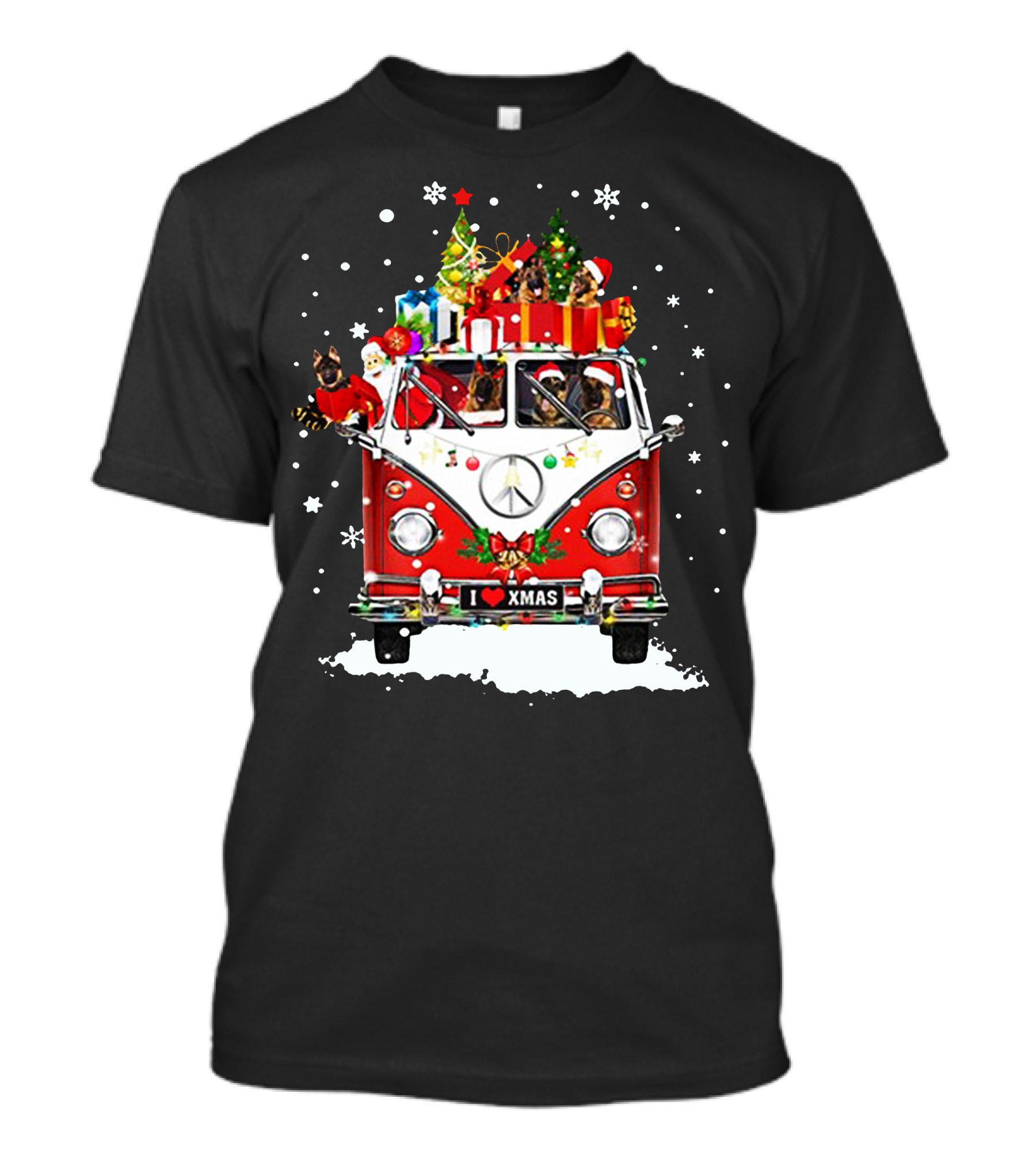Hippie Car German Shepherd Christmas VW Van I Love Xmas T-Shirt
