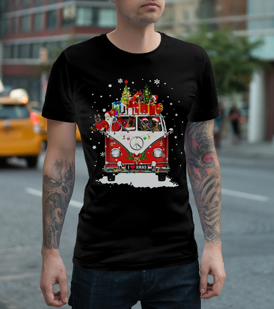 Hippie Car German Shepherd Christmas VW Van I Love Xmas T-Shirt