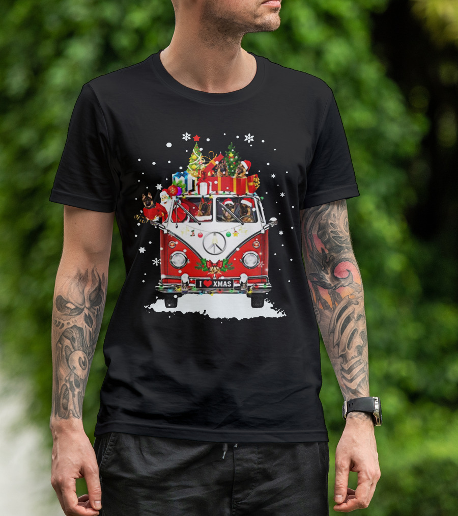 Hippie Car German Shepherd Christmas VW Van I Love Xmas T-Shirt