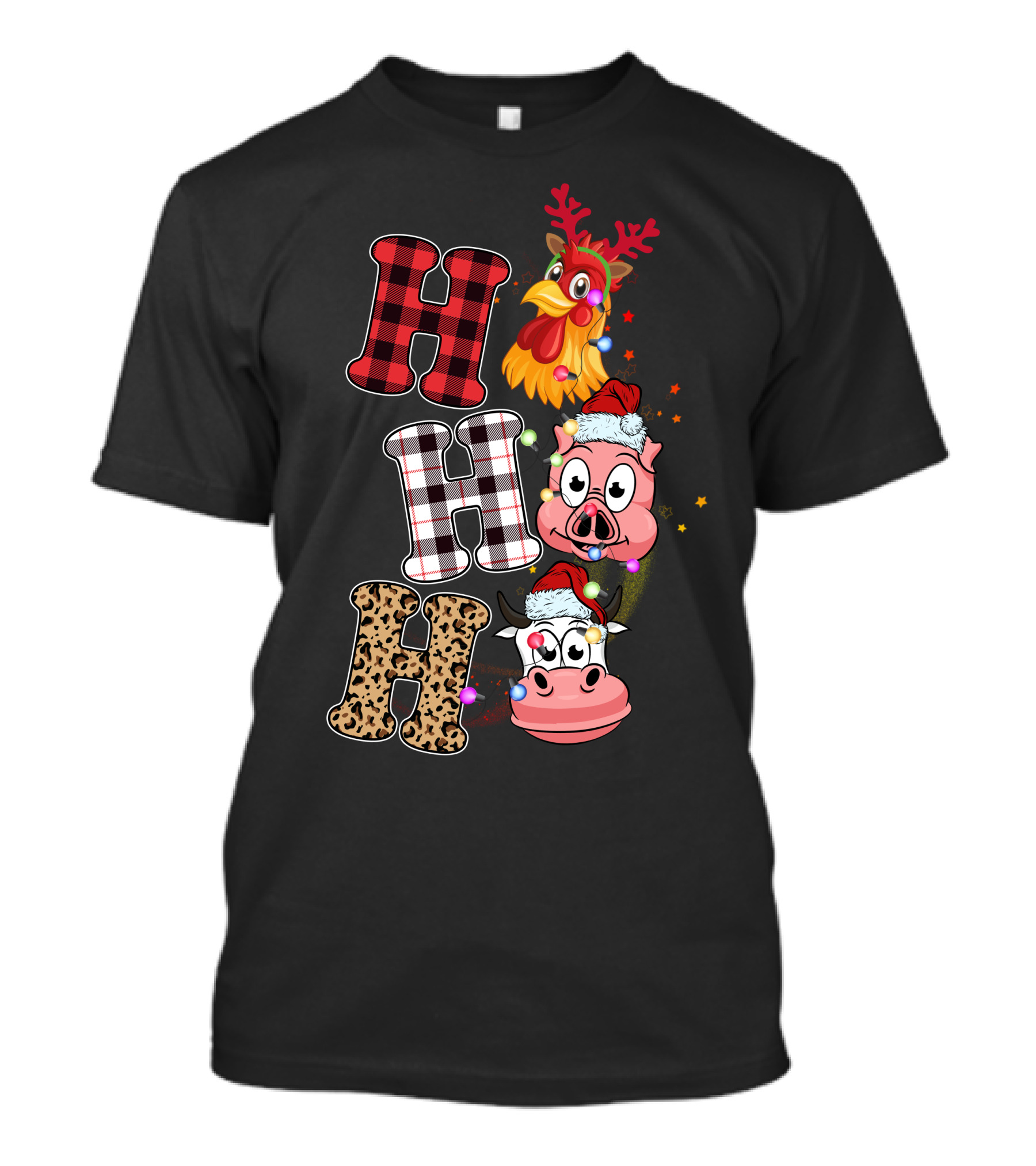 Ho Ho Ho Christmas Farm Animals With Reindeer Antlers And Santa Hats T-Shirt