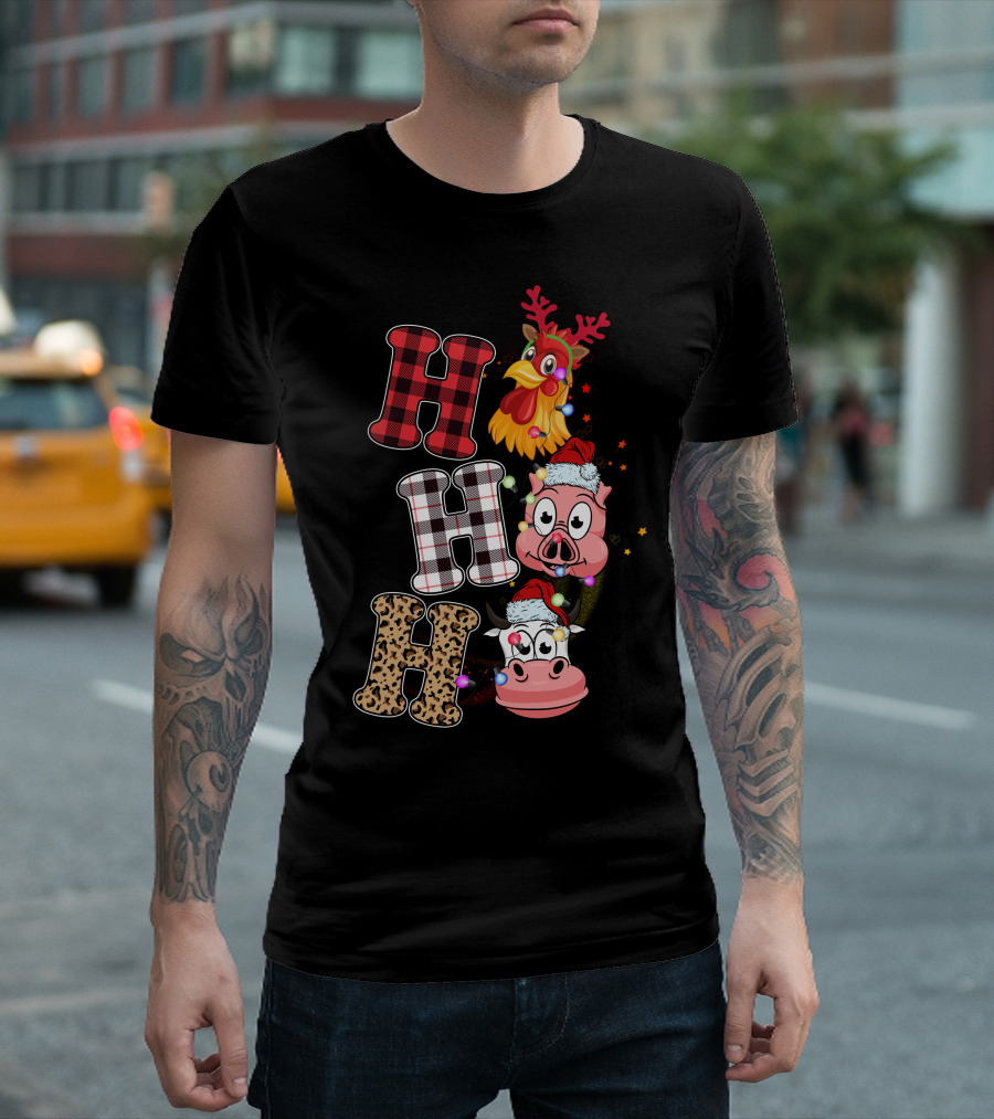 Ho Ho Ho Christmas Farm Animals With Reindeer Antlers And Santa Hats T-Shirt