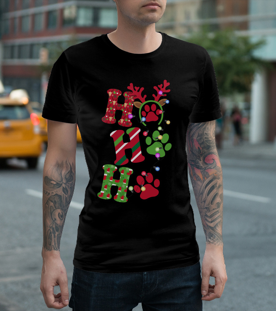 Ho Ho Ho Christmas Paws Antlers Reindeer Lights T-Shirt