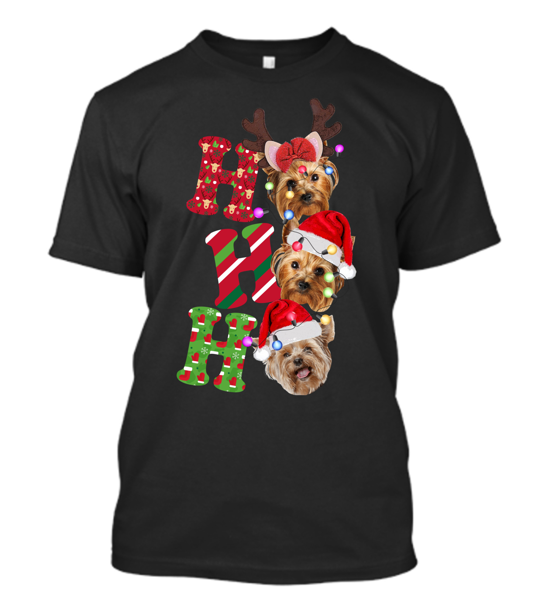 Ho Ho Ho Yorkie Dog Christmas Santa Hats Reindeer Antlers T-Shirt