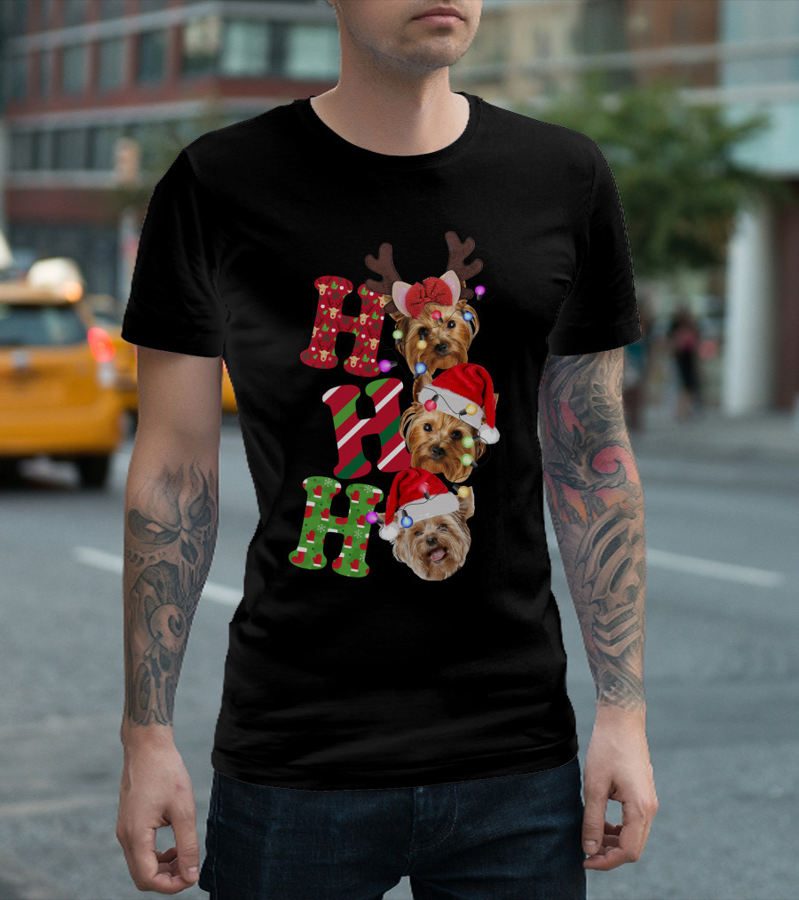 Ho Ho Ho Yorkie Dog Christmas Santa Hats Reindeer Antlers T-Shirt