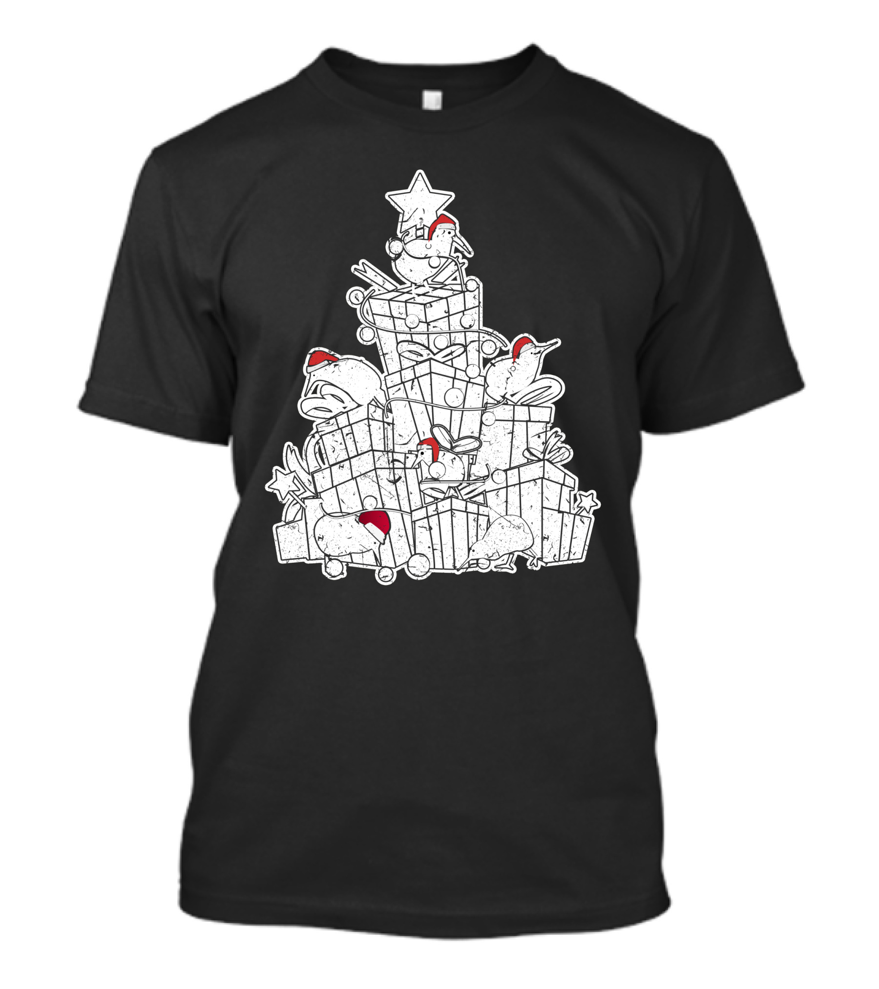 Kiwi Birds In Santa Hats On Christmas Presents Tree T-Shirt