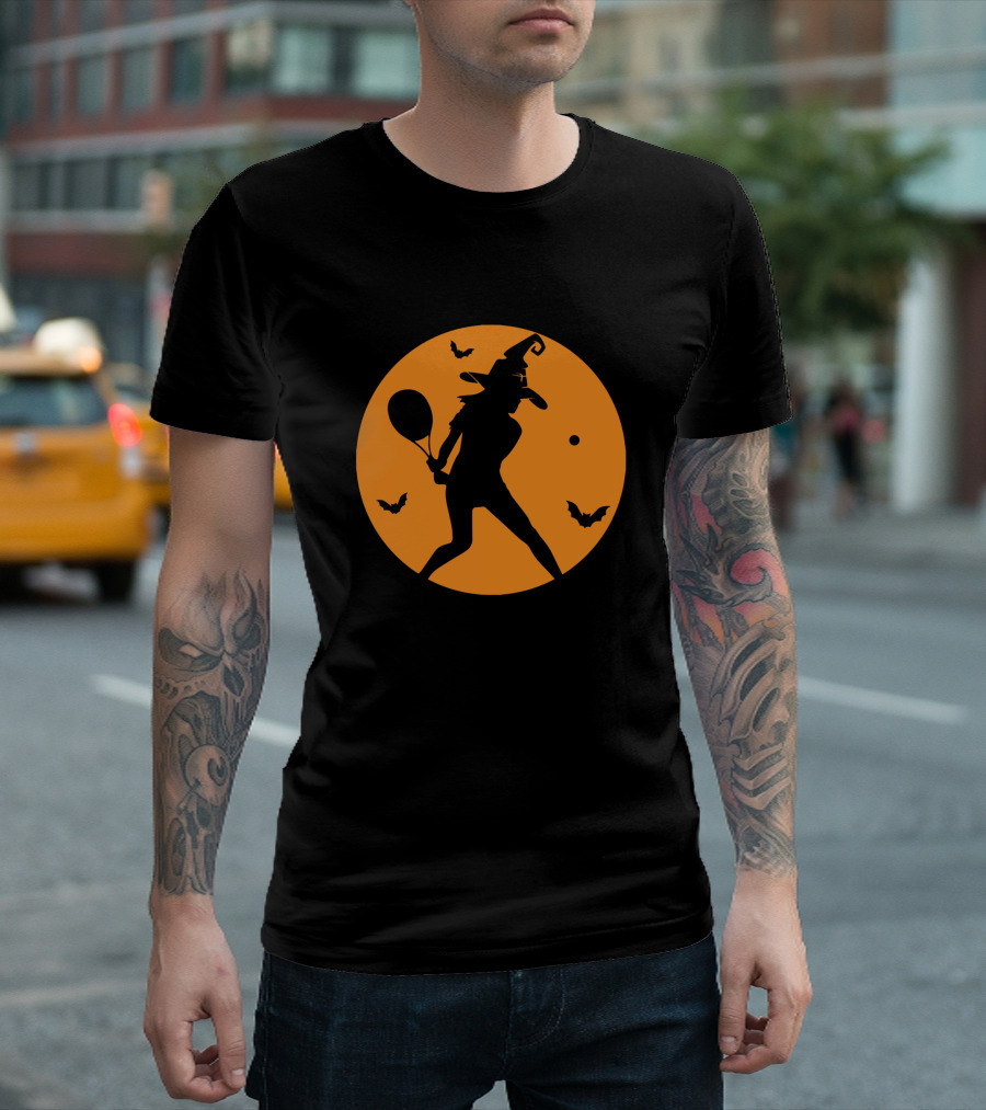 Halloween Tennis Witch Silhouette With Bats And Full Moon T-Shirt